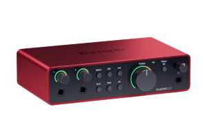 Focusrite Scarlett 2i2 4th Gen USB audio interface with dual input controls and red aluminum body