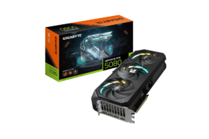 GIGABYTE NVIDIA GeForce RTX 5080 16GB graphics card with triple-fan RGB cooling displayed alongside its retail packaging