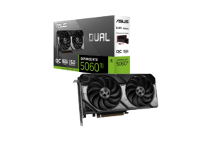 ASUS Dual GeForce RTX 5060 Ti 16GB graphics card with dual-fan cooling and retail packaging