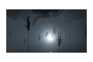 Child floating among suspended human figures in a dark underwater scene from INSIDE