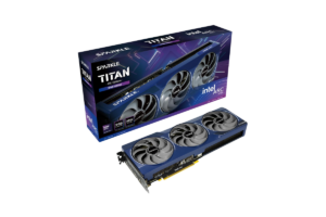 SPARKLE Intel Arc B580 TITAN OC 12GB graphics card with blue triple-fan cooling design displayed alongside its retail packaging