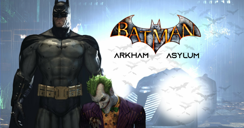 Batman standing beside the Joker in front of the Batmobile with the Batman: Arkham Asylum logo and flying bats in the background.