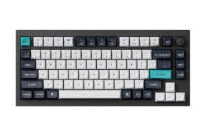 Keychron Q1 Max wireless mechanical keyboard with a 75% layout, black aluminum frame, white and dark gray keycaps, teal accent keys, and rotary knob