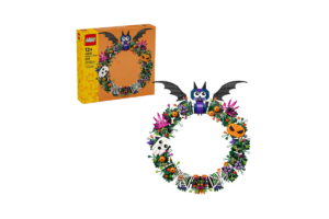 LEGO Halloween Wreath with brick-built bat, skull, pumpkins, spiderwebs, and colorful spooky decorations