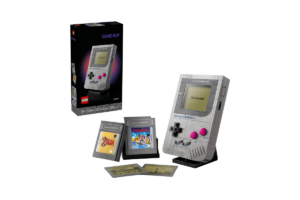 LEGO Nintendo Game Boy set 72046 featuring a brick-built Game Boy console, interchangeable game cartridges, display stand, and original LEGO packaging.