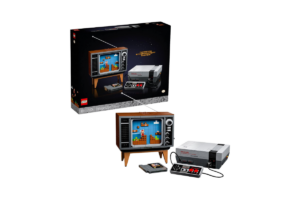 LEGO Super Mario Nintendo Entertainment System set 71374 featuring a brick-built NES console, controller, game cartridge, and retro television displaying Super Mario Bros. gameplay.
