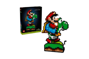 LEGO Super Mario World Mario & Yoshi set 71438 featuring pixel-style Mario riding Yoshi on a colorful brick-built display stand with original LEGO packaging.