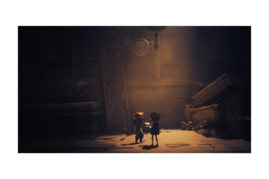 Low and Alone standing together in a dark room in Little Nightmares III