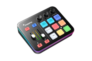 MAONO G1 Neo gaming audio mixer with RGB lighting, volume controls, voice changer, and sound pads