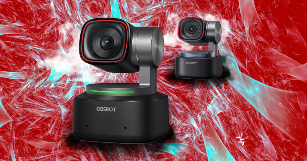 OBSBOT Tiny 2 vs. Tiny 3 AI-powered webcams displayed side by side on a red and blue abstract background