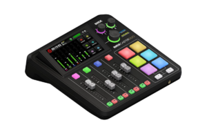 RØDE RØDECaster Duo audio production console with touchscreen, mixer faders, rotary controls, and colorful sound pads