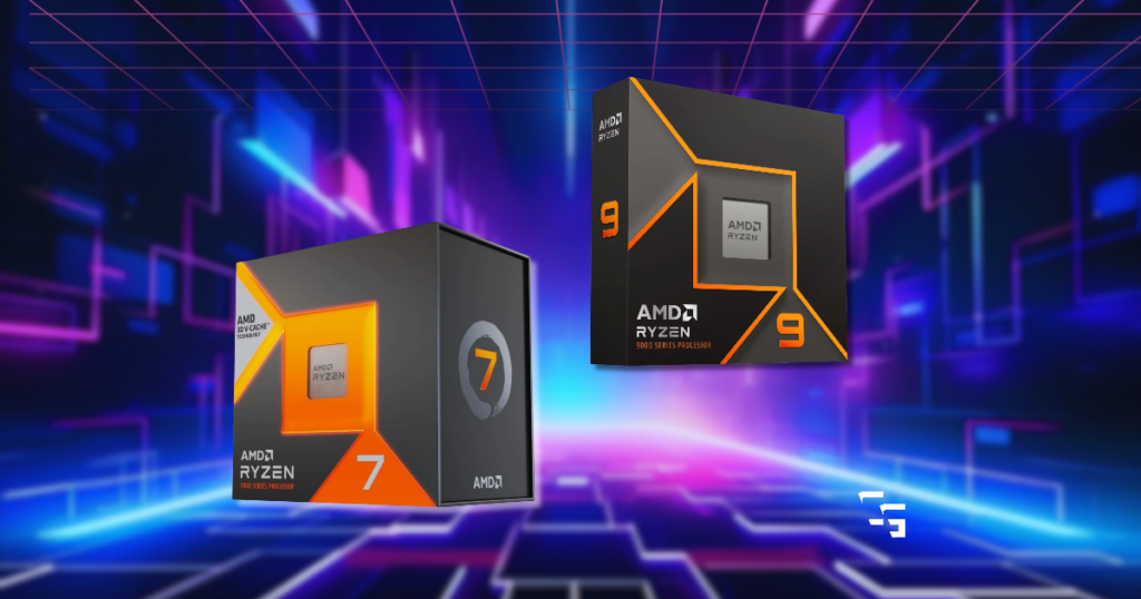 AMD Ryzen 7 7800X3D vs. Ryzen 9 9900X processor comparison featuring both CPU boxes on a blue and purple neon gaming background