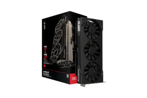 XFX Swift AMD Radeon RX 9060 XT graphics card with triple-fan cooling design and retail packaging on a black background