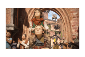 Amicia carrying Hugo on her shoulders as villagers gather around them in A Plague Tale: Requiem