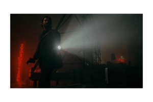 Alan Wake holding a flashlight and gun in a dark neon-lit city scene from Alan Wake 2