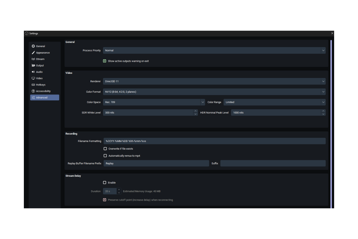 OBS Studio advanced settings showing Direct3D 11 renderer, NV12 color format, Rec. 709 color space, Limited color range, and recording configuration options.