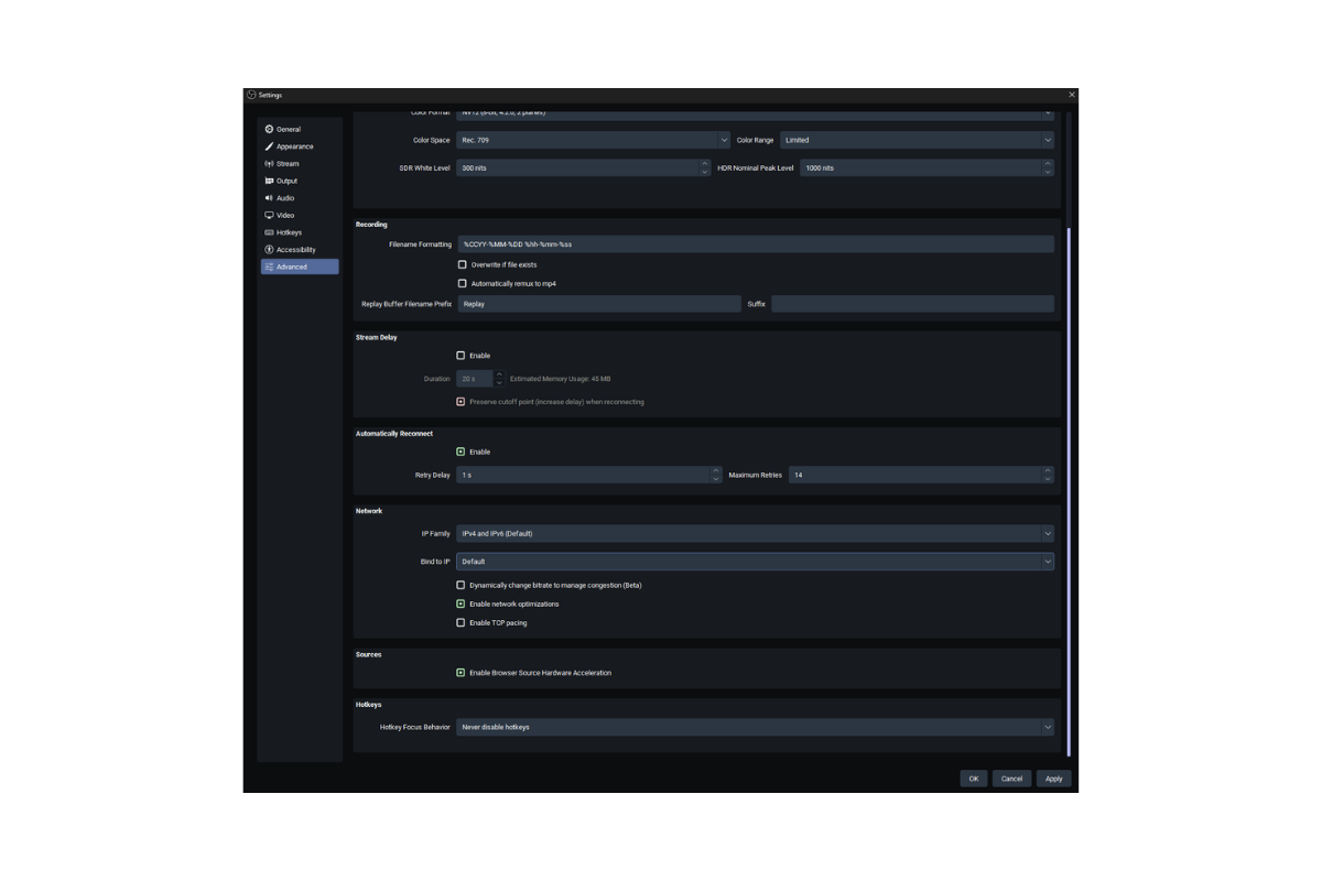OBS Studio advanced settings showing automatic stream reconnection, network optimizations, recording options, browser source hardware acceleration, and hotkey configuration.