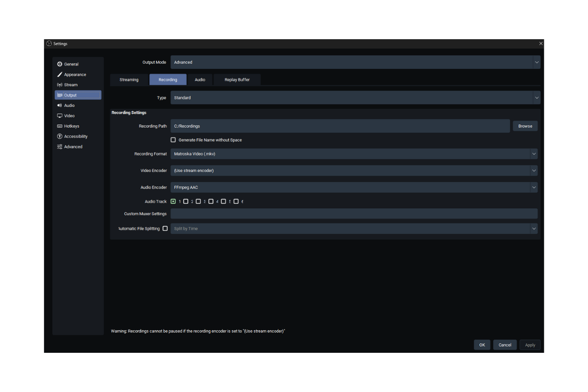 OBS Studio advanced recording settings showing MKV recording format, C drive recording path, AMD streaming encoder reuse, FFmpeg AAC audio, and audio track selection.