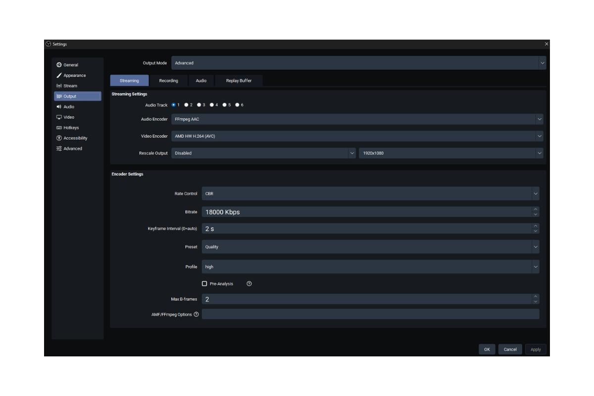 OBS Studio advanced output settings showing streaming configuration with AMD H.264 video encoder, 18,000 Kbps bitrate, CBR rate control, and a 2-second keyframe interval.