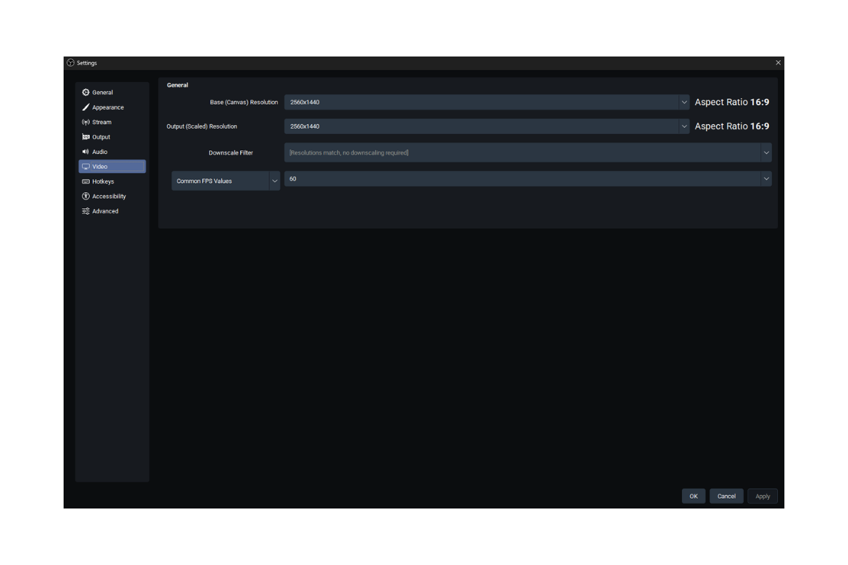 OBS Studio video settings showing 2560x1440 base canvas resolution, 2560x1440 output resolution, 16:9 aspect ratio, and 60 FPS for PC gaming streams.