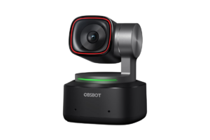 OBSBOT Tiny 2 AI-powered 4K webcam with a black design, motorized tracking camera, red lens accent, and green indicator light