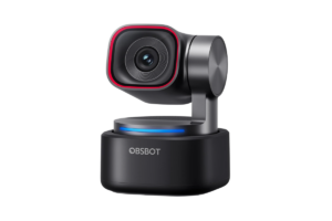 OBSBOT Tiny 3 AI-powered webcam with a black motorized gimbal design, red lens accent, and blue LED indicator light