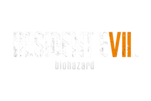 Resident Evil 7 Biohazard logo with distressed white and orange lettering on a black background