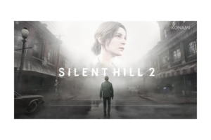 Silent Hill 2 remake artwork showing James Sunderland walking through a foggy street with Mary above him